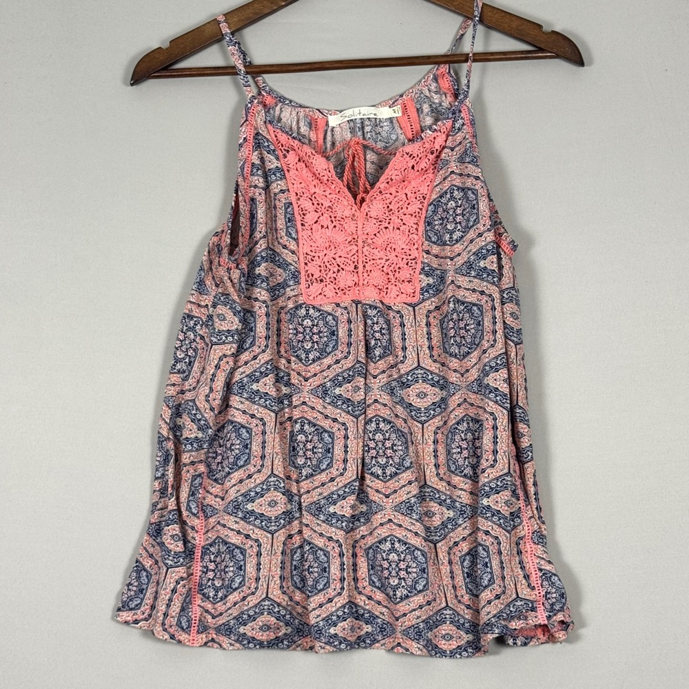 Solitaire Tank Top Women Medium Coral Navy Geometric Crochet Boho Excellent